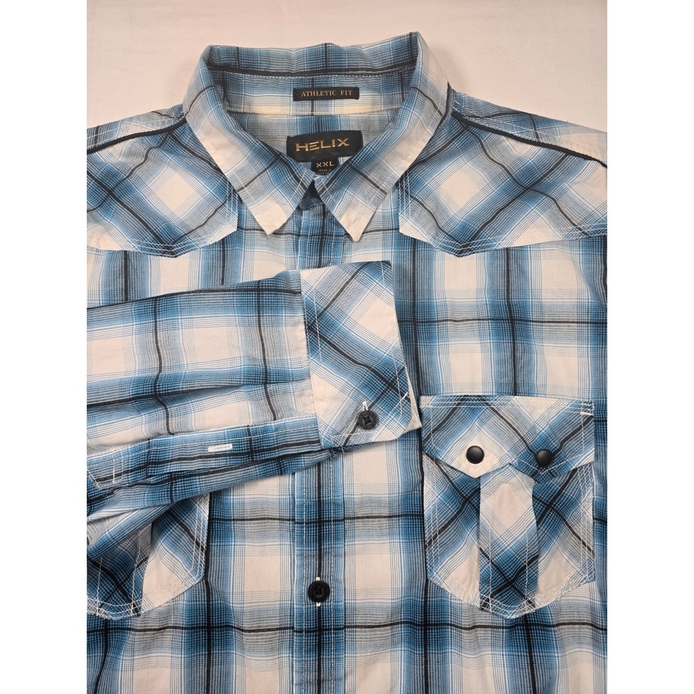 Helix Mens XXL Athletic Fit Blue White Plaid Western Long Sleeve Button Up Shirt
